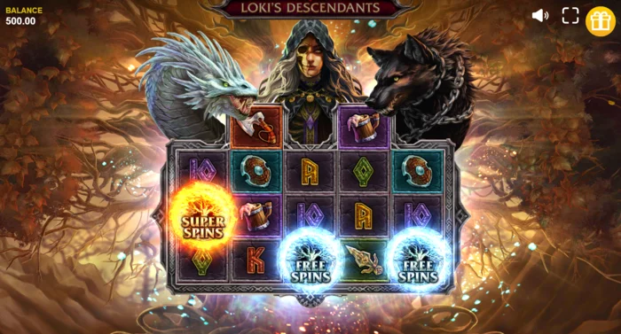 Loki's Descendants – uruchomienie funkcji Serpent z ukośnymi symbolami Wild